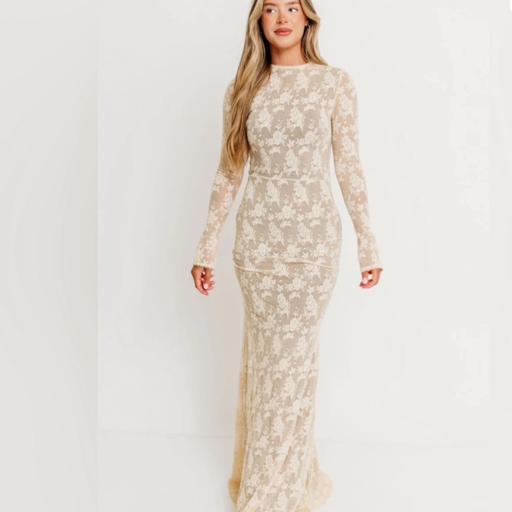 Lace Long-Sleeve Maxi Dress in Beige Cream